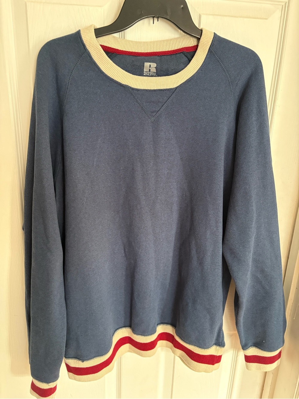 Russell Athletic Navy Crewneck Sweater with Cream and Red Trim